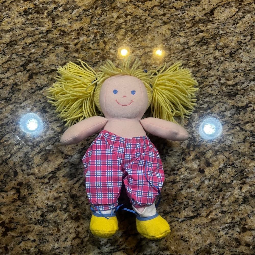 Vintage Eden LLC Plush Rag Doll Yellow Yarn Hair Pink‎ Plaid Pants 11 Inch